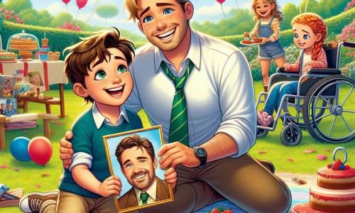 In un giardino soleggiato, un ragazzo di dieci anni, Marco, con i capelli castani arruffati e un grande sorriso, è seduto su una coperta colorata, tenendo una foto restaurata di suo padre. Accanto a lui, suo padre, un uomo robusto di circa 40 anni con capelli castani e una leggera barba, guarda la foto con occhi brillanti di gioia. Intorno a loro, tre amici di Marco: Giulia, una ragazza di nove anni con capelli biondi e occhiali, che gonfia palloncini colorati; Matteo, un ragazzo di dieci anni in sedia a rotelle, sorridente e con una mappa del tesoro; e Sara, una ragazza di otto anni con capelli rossi in trecce, che prepara dolci su un tavolino. Il giardino è pieno di fiori vivaci, palloncini fluttuanti e un grande tavolo decorato con dolci e bevande. Sullo sfondo, un grande albero offre ombra, e le risate dei bambini risuonano nell'aria. La scena principale mostra Marco e suo padre che condividono un momento tenero, circondati dai loro amici, celebrando insieme la festa del papà con sorrisi e risate, creando ricordi indimenticabili.