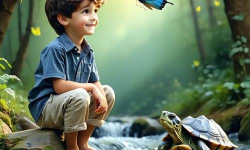 Bambino di 8 anni, viso rotondo e capelli castani ricci, seduto a piedi nudi su una pietra liscia al bordo di un ruscello, sguardo meravigliato e sorriso calmo, camicia a quadri blu e pantaloni beige risvoltati, mano sulla pietra come per ascoltare; una grande farfalla dalle ali vivaci (arancione, blu e viola) vola sopra la sua testa; una vecchia tartaruga verde dalla corazza rugosa è sulla riva vicino a lui, occhi saggi e movimento lento; un corvo nero lucido è posato su un ramo basso di una quercia, leggermente arretrato a sinistra; luogo: piccolo boschetto illuminato dal sole con muschio, pietre arrotondate e ruscello limpido che riflette il cielo, erbe alte e fiori selvatici sullo sfondo; scena principale: il bambino ascolta il canto del ruscello, atmosfera pacifica e contemplativa, composizione centrata, colori caldi e contrastati a blocchi piatti, contorni netti e forme semplici adatte ai bambini.