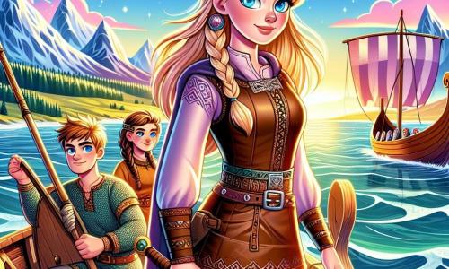 O tânără vikingă, Ingrid, stă mândră pe prova unui drakkar, cu părul blond fluturând în vânt, iluminat de lumina aurie a soarelui apunând. Fața ei exprimă o determinare strălucitoare, cu ochii albastri ca gheața strălucind de curaj. Poartă o tunică din piele ornamentată cu motive nordice și o curea înfășurată în jurul taliei. Lângă ea, prietenul ei Bjorn, un băiat de aproximativ 15 ani, are părul castaniu și ochii sclipitori, ținând ferm o sabie din lemn, pregătit să-și apere prietena. Freya, o fetiță de 14 ani, se află puțin mai în spate, cu împletituri de păr brun și un zâmbet încurajator, ținând o hartă de navigație. Drakkarul alunecă pe o mare calmă, înconjurat de munți acoperiți de zăpadă și păduri verzi care se ridică mărețe la orizont. Cerul este presărat cu nori roz și violeți, creând o atmosferă magică. Ingrid, hotărâtă să-și salveze prietenul capturat, privește înainte, pregătită să înfrunte provocările ce le așteaptă.