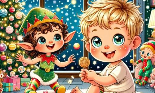 A 1-year-old boy with blonde hair and sparkling eyes sits on a fluffy rug, surrounded by colorful toys. He smiles in wonder, his rosy cheeks lit by the twinkling lights of the Christmas tree. Next to him, a 5-year-old elf named Jingle, with curly hair and pointed ears, wears a shiny green dress and golden slippers, joyfully dancing with sparkling stars floating around her. The scene takes place in a cozy living room decorated with twinkling garlands and a large Christmas tree adorned with colorful baubles and a golden star on top. Snowflakes gently fall outside, creating a magical atmosphere. In this main scene, the little boy and the elf play together, surrounded by dancing cookies on the table, while singing ornaments fill the room with magic and laughter.