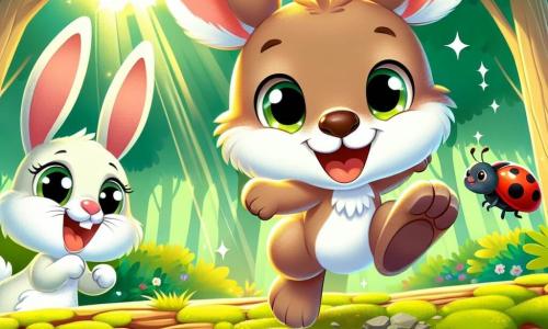 An illustration depicts a cheerful little kangaroo with large ears and soft light brown fur, jumping enthusiastically over a big log in a colorful forest. Its eyes sparkle with excitement and a big smile brightens its face. Nearby, a small rabbit with large ears, white fur, and sparkling eyes watches in admiration, its front paws raised in encouragement, looking delighted. A little red ladybug with black spots flies in circles, its translucent wings shimmering in the sun, full of energy and joyfully applauding with its tiny, happy antennae. The vibrant forest features bright green trees, colorful flowers scattered on the ground, and a clear blue sky dotted with fluffy clouds. The main scene shows the kangaroo mid-jump, defying gravity, while its friends cheer enthusiastically. Rays of light filter through the leaves, creating a magical and joyful atmosphere filled with bright colors and good cheer.