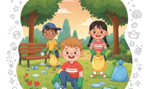 Tres niños de unos 10 años limpia el parque al atardecer: un chico de rostro redondo y pecas con pelo castaño claro despeinado y expresión decidida recoge una lata con guantes verdes agachado en primer plano; una niña con trenzas negras y sonrisa amplia sostiene a la derecha una bolsa de basura amarilla casi llena; otro chico de piel trigueña y gorra de béisbol azul recoge papeles junto a un banco de madera a la izquierda; césped verde recién cortado, árboles altos, camino de grava, flores silvestres rojas y margaritas blancas, cielo anaranjado, sacos y guantes coloridos, residuos amontonados, atmósfera optimista, colores vivos y contornos suaves.