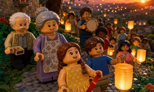 A serene, wide-eyed 6-year-old girl with light freckles and brown braided hair in a yellow polka-dot summer dress holds a small red ribbon and walks looking at lanterns; beside her is Tomas, about 8, with short chestnut hair and a blue T-shirt, smiling and holding a paper lantern to her right; behind her a smiling grandmother (around 65) with gray hair in a bun and a floral apron watches gently, while a grandfather (around 68) in a beige jacket with white hair stands left of the group holding a small matchbox. The scene is a gentle hill at dusk with textured green grass like bricks, gray cobbled paths, a stone house with blue shutters, and a large plane tree casting a mosaic shadow. Hundreds of suspended paper lanterns cast a warm orange-golden glow on faces and bricks as the group calmly processes toward the hilltop, an adult marking a slow rhythm on a wooden tambourine, children laughing and watching ribbons float. Visual style: warm vivid colors, visible LEGO-like brick textures, sharp details (seams, knots, folds), simple readable expressions, soft welcoming atmosphere.