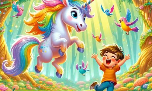 En el centro de la imagen, una hermosa unicornio de pelaje brillante en tonos pastel, con una melena dorada y un cuerno arcoíris, expresa una alegría deslumbrante al saltar en el aire. Sus grandes ojos centelleantes reflejan emoción y amistad. A su lado, un niño de 8 años llamado Lucas, con cabello castaño alborotado y una camiseta colorida, se ríe a carcajadas imitando los saltos de la unicornio, con los brazos levantados en señal de alegría. Al fondo, un grupo de pequeños pájaros de plumas brillantes canta y baila, sumando a la atmósfera festiva. El escenario es un hermoso bosque encantado, lleno de flores multicolores, grandes árboles de troncos retorcidos y rayos de sol filtrándose a través de las hojas, creando una atmósfera mágica y luminosa. La escena captura el momento en que Luni y Lucas se divierten juntos, rodeados de risas y colores, celebrando su amistad en un mundo de fantasía.