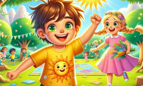 Ein 8-jähriger Junge, Max, mit zerzausten braunen Haaren und strahlenden Augen, springt voller Freude in einem sonnigen Park. Er trägt ein leuchtend gelbes T-Shirt mit einer großen Sonne darauf und eine blaue Shorts. Neben ihm steht ein 7-jähriges Mädchen, Lila, mit geflochtenem blonden Haar, das lächelt und einen schönen Strauß Wildblumen hält. Sie trägt ein rosa gepunktetes Kleid und tanzt um Max herum. Der Ort ist ein grüner Park, gefüllt mit majestätischen Bäumen, bunten Blumen und Kinderlachen. Papiergirlanden wehen in der Luft, und eine große Weltkarte hängt an einem Baum, umgeben von Spielen und Büchern. Die Hauptsituation zeigt Max und Lila, die ein großes Sommerfest vorbereiten, während sie Papierlaternen basteln und Geschichten über Sommerferien in verschiedenen Ländern austauschen. Ihre Gesichter strahlen vor Aufregung und Freundschaft, während sie sich die kommenden Abenteuer vorstellen.