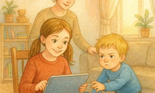 Ein etwa 10-jähriges Mädchen, fröhlich und konzentriert, mit hellbraunen Zöpfen und funkelnden grünen Augen, sitzt auf einem gestreiften Teppich und hält ein großes silbernes Tablet auf den Knien, ihre Fingerspitzen streichen über den Bildschirm, ein leichtes Lächeln im Gesicht; ihr etwa 6-jähriger kleiner Bruder mit zerzaustem blondem Haar und neugierig-poutigem Blick reicht von rechts vom Sofa aus die Hand, um an die Ecke des Tablets zu greifen; die Mutter (ca. 35), mit braunem Dutt und gemütlicher Kleidung, steht hinter dem Mädchen, lächelnd und aufmerksam, eine Hand am Stuhllehnenrand, bereit einzugreifen; die Szene spielt in einem hellen Wohnzimmer mit beigem Wandton, großem Fenster mit leichten Vorhängen, Holzregal mit Spielzeug und Büchern, Topfpflanzen und einer runden Wanduhr; Hauptsituation: sanfte Spannung zwischen digitalem Spiel und familiärem Teilen, die Gesten und Blicke deuten auf eine noch zu klärende Familienregel hin.