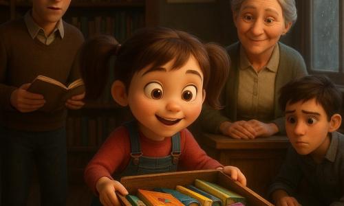 Mara, fată de circa 8 ani, chip rotund, plete brune în cozi, uimită și concentrată, se îngenunchează și ridică o cutie veche de lemn de sub o raftă; ochii îi strălucesc, ține cărți colorate ce ies din cutie. Doamna Irina, femeie de ~60 de ani, păr gri prins în coc, zâmbet blând, stă în spatele Marei lângă un tejghea de lemn, cu mâinile pe o grămadă de semne de carte, privind cu ușurare. Mihai, bărbat tânăr de ~25 de ani, păr închis la culoare și ochelari, stă în picioare în stânga, ținând un carnet deschis, puțin stânjenit dar ușurat. Emil, băiat de ~14 ani, în haine de lucru cu o lavetă în mână, este ghemuit lângă o fereastră aburită, privind spre cutie cu regret. Biblioteca este o încăpere mare și caldă cu rafturi de lemn închis, postere vesele cu animale, un covor uzat și lumină moale filtrând prin geamul plouat; momentul principal e descoperirea: cutia deschisă dezvăluie o grămadă dezordonată de cărți despre animale cu coperți vii și o foaie parțial ștearsă lipită de lemn; compoziție centrată, culori calde, expresii clare pentru un ton jucăuș și liniștitor.