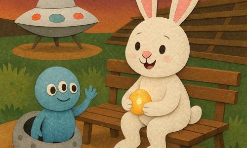 O personagem principal é um pequeno coelho branco e fofo, orelhas grandes rosadas, olhar alegre, sentado num banco de madeira segurando uma pequena pedra luminosa; personagem secundário é um pequeno extraterrestre redondo, pele azul-clara com brilho metálico, três olhos e sorriso tímido, acenando desde a entrada de uma pequena nave prateada à esquerda; outra secundária é a própria nave redonda e brilhante com painéis e escotilhas em papéis coloridos, porta aberta; local: um velho velódromo ao ar livre ao crepúsculo, pista circular ocre em papel kraft, arquibancadas de madeira, relva e flores em colagens de papel, céu púrpura e laranja com estrelas coladas; situação: despedida calorosa no banco com troca de presentes (pedra luminosa e flor), atmosfera terna e curiosa, composição simples com cores contrastantes e texturas de papel visíveis.