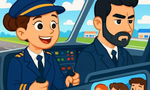 Uma piloto mulher, Ana, com cabelos castanhos presos em um coque, usa um macacão de piloto azul-marinho e um quepe brilhante. Ela tem um sorriso confiante e olhos brilhantes de excitação enquanto está no cockpit de um grande avião, com as mãos nos controles, pronta para decolar. Ao seu lado, seu co-piloto, João, um homem de cerca de 30 anos com cabelos pretos e barba bem cuidada, observa os instrumentos com concentração, mostrando uma expressão de determinação. O cockpit está cheio de luzes piscando e instrumentos coloridos, com grandes janelas oferecendo uma vista espetacular de um céu azul salpicado de nuvens brancas. Ao fundo, vê-se a pista do aeroporto, cercada por prédios e veículos de manutenção. A situação principal mostra Ana e João preparando o voo, com Ana anunciando aos passageiros pelo sistema de som, explicando as maravilhas da aviação, enquanto os passageiros, maravilhados, olham pelas janelas, ansiosos para decolar em novas aventuras.
