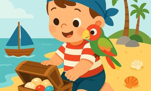 Een vrolijke, glimlachende piratenjongen met rond gezicht, lichte huid en bruin haar onder een kleine blauwe pet, in een rood-wit gestreept shirt en korte broek, knielt en opent met mollige handjes een kleine houten kist; een kleurrijke papegaai (groen, rood, geel) op zijn rechterschouder kijkt nieuwsgierig naar de kist; achter hen ligt een houten blokjesbootje met blauwe zeil op het nabijgelegen strand. Het eiland heeft zacht geel zand, enkele dunne palmbomen, gladde rotsen en verspreide glanzende schelpen; turquoise zee en een heldere lucht. De kist bevat parelachtige schelpen en kleurrijke balletjes, warme zonlicht, vrolijke rustige sfeer, eenvoudige compositie, felle contrasterende kleuren, duidelijke lijnen en ronde vormen geschikt voor peuters.