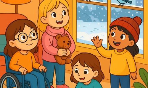 Er zijn 4 kinderen: - Fenna: een 6-jarig meisje, zij zit in een mooie blauwe rolstoel, heeft bruin haar en een bril. Ze kijkt verwonderd naar buiten. - Noor: een 6-jarig meisje, zij heeft blond haar en draagt een zachte roze sjaal. Ze houdt een knuffel vast en lacht terwijl ze naar de vogels kijkt. - Laila: een 6-jarig meisje, zij heeft zwart haar en draagt een rode muts. Ze staat bij het raam en telt de vogels op het balkon. - Milou: een 6-jarig meisje, zij heeft kastanjebruin haar en tekent in een groot schrift met kleurpotloden. Ze zit op de grond, dichtbij Fenna. De plek is een warm en uitnodigend appartement met een grote zachte bank en kleurrijke kussens. Het zachte licht van een lamp verlicht de kamer, terwijl de sneeuw zachtjes buiten valt en de tuin bedekt met een witte deken. De ramen zijn licht beslagen, wat een vleugje magie aan de sfeer toevoegt. De kinderen observeren de vogels in de sneeuw, verwonderd door hun schoonheid. Ze zijn samen, delen lachen en glimlachen, en creëren een moment van vreugde en vriendschap in de winter.