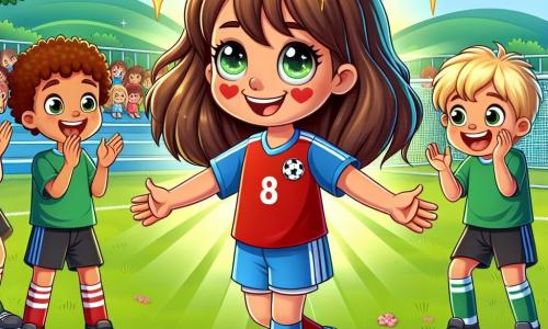 Uma menina de 8 anos, Sofia, está no centro da imagem, com longos cabelos castanhos e olhos brilhantes de alegria. Ela usa uma camisa de futebol vermelha e um short azul, com um grande sorriso iluminando seu rosto após marcar um gol. Seus braços estão levantados em sinal de vitória, e há uma expressão de confiança em seu olhar. À sua direita, Lucas, um garoto de 8 anos com cabelos loiros e olhos verdes, aplaude entusiasticamente. Ele veste uma camiseta verde e um short preto, e seu rosto brilha de orgulho por sua amiga. À sua esquerda, Clara, uma menina de 7 anos com cabelos cacheados e uma faixa rosa, pula de alegria, com os braços levantados, compartilhando a emoção do momento. O cenário é um campo de futebol verde, cercado por árvores com folhas vibrantes sob um céu azul claro. Ao fundo, crianças brincam, pais aplaudem e balões coloridos flutuam no ar. A cena principal mostra Sofia, cheia de confiança, celebrando seu primeiro gol com seus amigos, ilustrando o tema da autoconfiança e da amizade.
