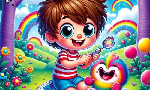 A 4-year-old boy named Charlie, with messy brown hair and a big joyful smile, is sitting on the soft green grass, holding a sparkling magic spoon in his hands. He is wearing a red striped t-shirt and blue shorts, his eyes shining with curiosity and excitement. Next to him is a funny character named Tickle, a fuzzy and colorful creature with a round body and long arms, laughing and rolling on the ground. Tickle has sparkling eyes and a bright smile, surrounded by colorful flowers dancing around them. The setting is a fantastical world called Giggle-Land, with purple tree trunks and heart-shaped leaves, and marshmallow-shaped clouds floating in a bright blue sky. Brightly colored flowers, like yellow and pink, grow everywhere, adding a touch of magic to the environment. In this scene, Charlie and Tickle are having fun playing the game "Silly Swap," where their clothes and shapes change in hilarious ways, causing bursts of laughter in this joyful and whimsical world.