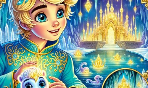 A sparkling-eyed prince, about 10 years old, stands by a frozen lake, his blonde hair flowing in the wind. He wears a sky-blue tunic adorned with golden patterns, and his face radiates wonder and determination. Beside him, a magical creature resembling a small, fluffy squirrel with bright, curious eyes watches the lake with an excited expression. The setting features a grand underwater palace, its walls shimmering with ice crystals and golden reflections, surrounded by glowing fish swimming around. Crystal chandeliers hang from the ceiling, casting a soft light. The main scene shows the prince and his magical friend discovering the bottle of laughter, ready to unleash the magic that will awaken the sleeping palace. Golden light bursts from the bottle, illuminating their amazed faces as they prepare to break the silence surrounding the place.