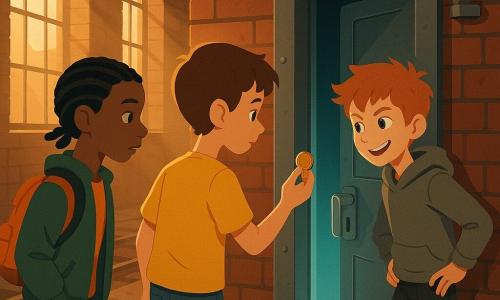 Three 12-year-old boys stand before a narrow steel door inset in a small metal panel on the wall of an abandoned red-brick station with cracked flagstones and rusty rails: a brown-haired boy in a yellow T-shirt and blue jeans holds a small brass token that glows faintly; a black-haired boy with braided hair, a green jacket and an orange backpack floating slightly beside him watches the door curiously; a tousled red-haired boy in a gray hoodie stands to the right with hands on hips and a mischievous smile, as a blue-turquoise light escapes the opened time portal and brushes their faces, evening light filtering through high windows with dust rays, warm ochre and brick tones contrasted with cool metallic grays, simple vector shapes, soft shadows, harmonious palette, mysterious inviting atmosphere.