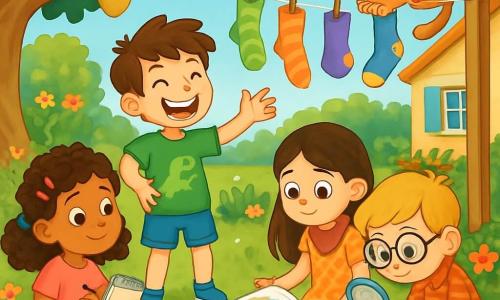 Há 4 crianças: - Lina: uma menina de 8 anos, com cabelos cacheados e ganchos coloridos, vestindo uma camiseta rosa e um short de jeans. Ela está sentada na grama, segurando um bloco de notas e um lápis, pronta para anotar suas descobertas. - Tomás: um menino de 8 anos, com cabelos castanhos bagunçados e um grande sorriso. Ele usa uma camiseta verde com um dinossauro e shorts azuis. Ele está em pé, fazendo gestos exagerados como se estivesse contando uma piada. - Sofia: uma menina de 8 anos, com cabelos longos e lisos, usando um lenço vermelho no pescoço e um vestido florido. Ela está agachada, folheando um livro de histórias, com uma expressão intrigada. - Lucas: um menino de 8 anos, com óculos redondos e cabelos loiros. Ele usa uma camisa xadrez e calças bege. Ele está inclinado, observando uma lupa que segura na mão, com uma expressão séria. O local é um jardim ensolarado, cheio de flores coloridas e uma grande mangueira sombreada. Ao fundo, vê-se uma casa com janelas azuis e uma pequena horta. Brinquedos estão espalhados pela grama, e um velho carrinho de jardim está cheio de roupas. A situação principal mostra as crianças em plena investigação, procurando meias desaparecidas, com expressões de curiosidade e excitação em seus rostos. Meias coloridas estão penduradas no varal, flutuando ao vento, enquanto uma pequena gata as observa com olhos travessos.