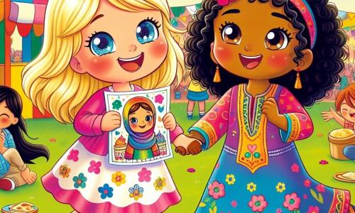 Uma menina de 4 anos, Clara, com cabelos loiros e olhos brilhantes, sorri alegremente enquanto segura um desenho colorido de sua família em suas mãos. Ela usa um vestido rosa com padrões de flores e está no centro da imagem, radiante de entusiasmo. Ao lado dela, Aisha, uma menina de 4 anos de origem árabe, com cabelos negros e cacheados, veste uma linda roupa tradicional colorida. Ela também sorri, segurando um pedaço de pão naan em sua mão, pronta para compartilhar com Clara. As duas meninas estão cercadas de risos e brincadeiras, simbolizando sua amizade. O cenário é um parque escolar vibrante, cheio de cores: árvores verdes, flores brilhantes e barracas decoradas para o Festival da Diversidade. Crianças brincam e dançam ao fundo, criando uma atmosfera festiva e alegre. A situação principal mostra Clara e Aisha, de mãos dadas, compartilhando sorrisos e descobertas, celebrando sua amizade e a beleza de suas diferenças no meio das festividades coloridas.