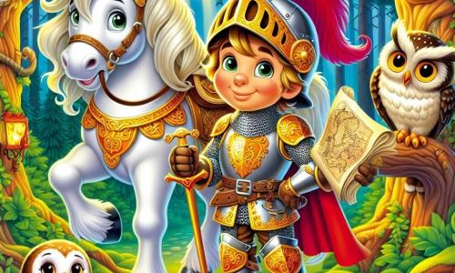 Un cavaler curajos, Sir Andrei, stă mândru în centrul imaginii, purtând o armură strălucitoare, ornata cu motive aurii, și un coif cu o pană roșie care flutură în vânt. Fața lui exprimă determinare și curiozitate, cu ochi strălucitori și un zâmbet încrezător. Lângă el, calul său fidel, Fulger, are o coamă mătăsoasă și ochi blânzi, privind cu loialitate către stăpânul său. În colțul imaginii, o bufniță înțeleaptă, cu pene maronii și aurii, îl observă atent pe Sir Andrei de pe o ramură a unui copac măreț, pregătită să-i ofere sfaturi. Fundalul este o pădure misterioasă, cu copaci înalți și trunchiuri noduroase, iar razele de soare străbat frunzișul, creând umbre dansante pe solul acoperit de mușchi. Sir Andrei, ținând o hartă veche în mâini, este pregătit să pornească în aventură pentru a descoperi secretul ascuns al pădurii, iar bufnița pare gata să-i dezvăluie misterele călătoriei sale.