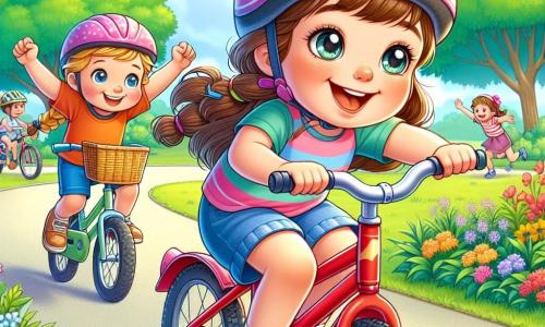 Una bambina di 4 anni, di nome Giulia, con lunghi capelli castani e occhi scintillanti di gioia, sta pedalando sulla sua bicicletta rossa in un parco soleggiato. Indossa un casco rosa e una maglietta a righe colorate, mostrando un grande sorriso sul volto, piena di eccitazione e determinazione. Accanto a lei, un'altra bambina, Sara, anch'essa di 4 anni, con capelli biondi intrecciati e un vestito blu a pois, la incoraggia alzando le braccia, mostrando il suo entusiasmo. Il parco è verde, con grandi alberi dalle foglie brillanti, fiori colorati lungo il sentiero e un cielo azzurro chiaro con alcune nuvole bianche. Si vedono altri bambini che giocano in lontananza, aggiungendo un'atmosfera gioiosa e dinamica. La scena principale mostra Giulia e Sara che pedalano insieme, ridendo e incoraggiandosi a vicenda, mentre un uomo sorridente, il famoso ciclista Marco, le osserva con orgoglio, pronto a dare consigli.