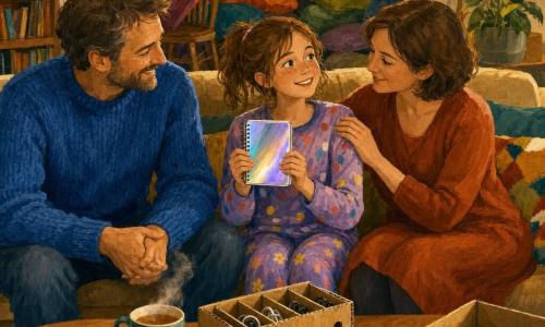 12-year-old girl, enthusiastic and calm, round freckled face, messy light brown ponytail, colorful pajamas, holding a small shiny spiral notebook and proudly showing a recycled cardboard cable organizer on the couch; father (about 40), smiling with light beard, blue wool sweater, seated left on the couch with an encouraging look and a steaming cup of tea on the coffee table; mother (about 38), gentle, short brown hair, comfortable dress, seated right with a tender smile and her hand on the girl's shoulder; warm, lively living room with a blanket fort over two chairs, stacked cushions and a cushion trail on the couch, yellow lampshade casting soft light, tea cup, cardboard box and colorful binder clips on the table, shiny parquet floor; main scene: intimate family moment where the girl presents her homemade cable organizer and idea notebook, everyone smiling and encouraging her, cozy atmosphere with warm colors and visible gouache textures.