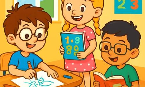 Er zijn 3 personages: - Tom: een 8-jarig jongen met rommelig bruin haar en ronde bril. Hij draagt een blauwe t-shirt en een rode short. Hij zit aan een tafel met een potlood in de hand en tekent een stripfiguur. - Sem: een 8-jarig meisje met gevlochten blond haar en een stralende glimlach. Ze draagt een roze jurk met stippen en gele sandalen. Ze staat naast Tom en houdt een wiskundeschrift met kleurrijke cijfers vast. - Amir: een 8-jarig jongen met zwart haar en rechthoekige bril. Hij draagt een groene t-shirt en een beige broek. Hij zit op de grond, omringd door open boeken, en leest een boeiend verhaal. De locatie is een heldere klaslokaal met gele muren en kleurrijke posters over wiskunde en lezen. Ramen laten zonlicht binnen, dat de houten bureaus verlicht waar potloden, vellen en educatief speelgoed verspreid liggen. De belangrijkste situatie toont Tom, Sem en Amir, allemaal glimlachend en geconcentreerd, terwijl ze hun creatieve ideeën delen voor een schoolproject. Tom tekent enthousiast, Sem denkt na over wiskundeproblemen en Amir leest hardop een passage uit zijn boek, wat een vrolijke en samenwerkende sfeer creëert.