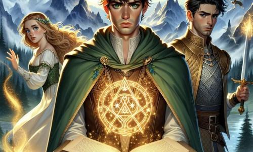In het midden van de afbeelding staat Alaric, een man van ongeveer dertig jaar, met een vastberaden uitdrukking op zijn gezicht. Hij heeft rommelig bruin haar, doordringende smaragdgroene ogen en draagt een tovenaarsrobe versierd met oude symbolen, met een cape die lichtjes achter hem wappert. Hij houdt een oud, open boek in zijn handen, de pagina's verlicht door een gouden gloed. Naast hem staat Lysander, een jonge man van ongeveer 25 jaar, met zwart haar en donkere ogen, die zijn zwaard trekt, klaar om Alaric te verdedigen. Hij draagt een lichte wapenrusting die onder het licht glinstert, en zijn gezicht is geconcentreerd. Elara, een 18-jarig meisje met krullend blond haar, staat iets op de achtergrond met opgeheven handen, terwijl ze natuurlijke elementen oproept. Ze draagt een groene jurk die de bossen oproept, en haar blik is vol wijsheid en moed. De scène speelt zich af in een oude storm, in het hart van een mysterieuze vallei. Majestueuze bergen omringen de plek, en het zonlicht breekt door de donkere wolken, waardoor de storm van magie die zich daar afspeelt, verlicht wordt. Alaric en zijn metgezellen staan op het punt een krachtige spreuk uit te spreken om de loop van de geschiedenis te veranderen, terwijl een magische energie om hen heen draait, wat een gespannen maar hoopvolle sfeer creëert.