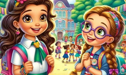 Uma menina de 10 anos, Sofia, com longos cabelos castanhos e olhos brilhantes, está no centro do palco, sorridente e cheia de entusiasmo. Ela usa um uniforme escolar colorido, com uma mochila cheia de materiais escolares, e observa ao seu redor com curiosidade. À sua direita, Clara, outra menina de 10 anos, com cabelos loiros trançados e óculos redondos, sorri alegremente segurando um crachá personalizado. Ela parece à vontade e feliz por ter encontrado uma amiga. O cenário é a quadra de uma escola primária animada, cercada por grandes árvores verdes e brinquedos coloridos. Crianças brincam e riem ao redor, criando uma atmosfera alegre e acolhedora. A cena principal mostra Sofia e Clara conversando e rindo juntas, cercadas por outras crianças que participam de jogos de boas-vindas, simbolizando o início de um novo ano escolar cheio de amizade e aventuras.