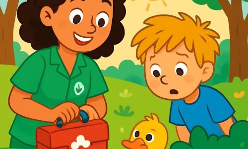 Een glimlachende dierenarts, Daan, is een vrouw met bruin, krullend haar, gekleed in een stralend groene labjas. Ze heeft sprankelende ogen van vreugde en houdt een dierenhulpmiddelenkoffer in haar handen. Naast haar staat een jongen genaamd Sam, ongeveer 8 jaar oud, met rommelig blond haar en een blauwe t-shirt, die nieuwsgierig kijkt naar een klein eendje dat vastzit in de struiken. De locatie is een groen park, vol majestueuze bomen en kleurrijke bloemen. De zon schijnt en verlicht het blije gezicht van Daan en de bezorgde blik van Sam. De belangrijkste situatie toont Daan en Sam die zich naar het eendje begeven, terwijl Daan het dier geruststelt en haar materiaal klaarmaakt om het te bevrijden. Het eendje, met zijn felgele verenkleed, lijkt een beetje bang maar nieuwsgierig.