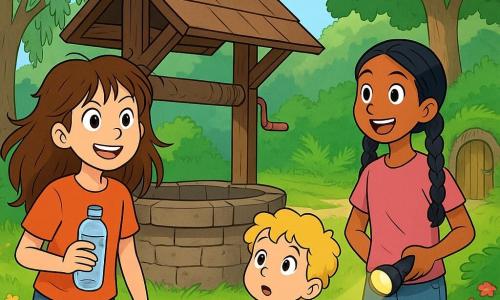 A 10-year-old girl, Ellie, with messy long brown hair, a determined smile, and sparkling eyes full of excitement, stands in front of an old wooden well, holding a water bottle. Next to her is her 4-year-old brother Max, with blonde curls and a stuffed dinosaur under his arm, looking on in admiration with wide eyes. A little further away, her best friend Zara, a 10-year-old girl with braided black hair, holds a flashlight, ready to explore. The setting is a green park with majestic trees, colorful flowers, and an old willow with silver leaves shimmering in the sun. In the background, a dirt path leads to a mysterious wooden door, half-hidden by ferns. The main scene shows Ellie and her friends discovering the secret well, filled with enthusiasm and curiosity, ready for an incredible adventure together.