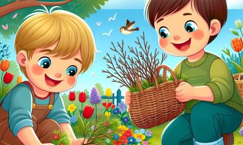 In einem blühenden Garten sammeln zwei fröhliche Jungen kleine Zweige und Gras. Emil, ein vierjähriger Junge mit blonden Haaren und funkelnden Augen, hockt links und hält einen kleinen Strauß bunter Blumen. Max, sein Freund mit braunen Haaren und braunen Augen, steht rechts, lächelt breit und hält einen kleinen Korb voller Zweige. Der Garten ist mit leuchtenden Blumen gefüllt: roten Tulpen, gelben Narzissen und Veilchen. Der Himmel ist blau mit einigen fluffigen weißen Wolken, und Vögel singen fröhlich in den Bäumen. Im Hintergrund spendet ein großer, grüner Baum Schatten. Die beiden Jungen sind auf ihre Aufgabe konzentriert, lachen und diskutieren über ihr Projekt, den Vögeln zu helfen, ein Nest zu bauen. Die Atmosphäre ist fröhlich und frühlingshaft, erfüllt von lebendigen Farben und sanftem Licht.