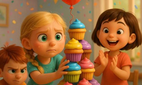 Een 8-jarig meisje met blond gevlochten haar, heldergroene ogen en kruimelig gezicht kijkt geconcentreerd en bezorgd terwijl ze haar armen uitstrekt om een hoge, wiebelige toren van glanzende cupcakes te stabiliseren; rechts applaudisseert en moedigt haar vriendin Emma (ongeveer 8, kort bruin haar) met opgeheven handen; links hurkt Timmy (ongeveer 9, rossig warrig haar) met twee plastic lepels als steun, vastberaden kijkend; een glanzende rode ballon zweeft boven de toren en raakt bijna de top; feestzaal in pasteltinten met slingers, stippen tafelkleden, warme verlichting, confetti en een grote houten tafel vol kleurrijke cupcakes; hoofdactie: vrolijke spanning terwijl de kinderen de wankele cupcake-toren proberen te redden van de ballon.