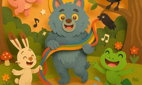 Lupotto, un grande lupo mannaro rotondo dal pelo grigio-blu e occhi ambrati, tiene il nastro arcobaleno e danza al centro; Ginetto, un piccolo coniglio bianco macchiato di marrone, sorride saltellando a sinistra tenendo un'estremità; la rana verde con stivali di gomma salta vicino a una pozzanghera a destra; un piccolo drago rosa soffia bolle profumate sopra i danzatori; Corvettina, una cornacchia dal piumaggio nero, tiene il nastro da un ramo basso; la radura è illuminata da un tramonto arancione, il suolo coperto di muschio con funghi rossi a pois bianchi, tronchi rugosi e alcune fioriture luminose; scena: grande danza collettiva intorno a un lungo nastro arcobaleno disposto a spirale, personaggi in movimento, risate rappresentate da stelline e note musicali nell'aria.