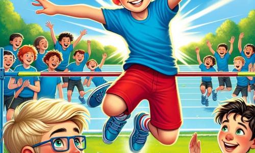Al centro dell'immagine, un ragazzo di 11 anni, Giovanni, sorride ampiamente, con gli occhi brillanti di orgoglio e fiducia. Ha i capelli castani in disordine, indossa una maglietta blu brillante e pantaloni corti rossi, mentre salta sopra un'asta di salto in alto, illustrando il suo successo. A sinistra, il suo migliore amico Marco, un ragazzo di 11 anni con capelli biondi e occhiali, applaude con entusiasmo, il volto radioso di gioia. Indossa una maglietta verde e jeans, e si trova sull'erba, incoraggiando Giovanni con gesti energici. Sullo sfondo, il campo sportivo è pieno di studenti che guardano con ammirazione. Il cielo è di un blu intenso e alberi verdi circondano il campo, creando un'atmosfera gioiosa e dinamica. La scena principale mostra Giovanni mentre compie un salto impressionante, superando la sua paura e celebrando la sua vittoria personale, circondato da compagni che lo applaudono e lo sostengono.