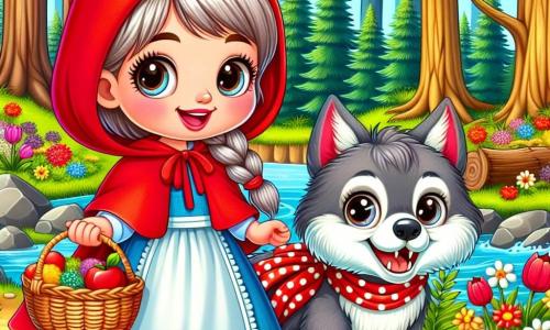 Il Piccolo Cappuccetto Rosso, una bambina gioiosa di circa 8 anni, indossa un mantello rosso vivo e un cappuccio che incornicia il suo viso sorridente. I suoi occhi brillanti di curiosità scintillano sotto la luce del sole, mentre tiene un cesto di vimini pieno di deliziose prelibatezze. Accanto a lei c'è un Lupo amichevole, un animale con pelliccia grigia e morbida, che indossa una sciarpa a pois colorati e occhiali rotondi. Sorride ampiamente, mostrando i suoi denti bianchi, e aiuta il Piccolo Cappuccetto Rosso a raccogliere rifiuti nel bosco. Il luogo è un magnifico bosco incantato, dove alberi maestosi con tronchi spessi si ergono verso il cielo, le cui foglie verdi brillano sotto i raggi del sole. Fiori multicolori, come tulipani e margherite, punteggiano il terreno, mentre un ruscello cristallino serpeggia tra le rocce, cantando una dolce melodia. La scena principale mostra il Piccolo Cappuccetto Rosso e il Lupo in azione, ridendo e divertendosi mentre puliscono il bosco, raccogliendo rifiuti con entusiasmo e trasformando il luogo in uno spazio magico e pulito, dove la natura rinasce.