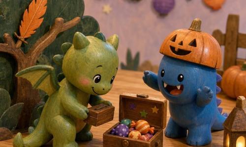 Lila, una pequeña dragoncita de madera pintada de verde claro, de alas cortas y cola redonda, tímida y sonriente, se inclina para recoger una caja brillante abierta sobre una mesa de madera clara llena de dulces de madera y pegatinas en forma de estrellas; junto a ella, Tito, un monstruito de madera azul de rostro redondo y dientes suaves, alegre con un sombrero de calabaza de madera, señala la caja; al fondo, un arbusto de madera verde oscuro oculta una pluma naranja pegada a una rama y en la mesa hay una huella brillante; guirnaldas de farolillos naranja y violeta sobre una pared pastel y una luna amarillenta completan el ambiente cálido y contrastado con texturas de madera visibles.