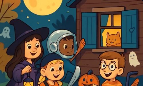 There are four children: Mia, a 7-year-old girl with long brown hair and sparkling eyes, wearing a large black witch hat, a purple coat, and holding a small star-shaped lantern; Omar, a 7-year-old boy with short hair and caramel skin, wearing a shiny silver astronaut helmet and a blue t-shirt, leaning forward curiously looking at a window; Lucy, a 7-year-old girl with braided blonde hair and a red headband, dressed as a pirate with a black scarf and a paper sword, proudly standing next to Mia; and Ben, a 7-year-old boy with round glasses and brown hair, sitting in a blue wheelchair decorated with a colorful feather, smiling and holding a map, observing the path ahead. The scene takes place in front of an old wooden house on a hill with blue shutters gently swaying in the wind, under a starry night with a large moon illuminating the gravel path leading to the house, surrounded by trees with golden leaves. Halloween decorations, such as paper ghosts and smiling pumpkins, adorn the garden. The main situation shows the children gently closing the shutters of the house to protect Muffin, the cat, who is peacefully sleeping inside. They are all focused, with expressions of determination and joy, while the light from their lanterns creates a warm and magical atmosphere on Halloween night.