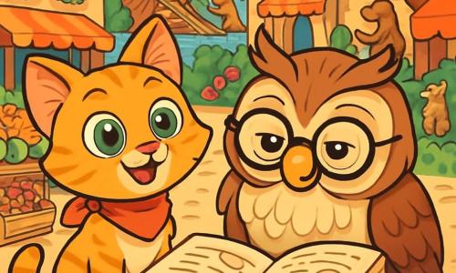 Un giovane gatto arancione con occhi verdi brillanti, Leo, si trova al centro dell'immagine, con un'espressione meravigliata. Il suo pelo è morbido e setoso, e indossa un piccolo foulard rosso attorno al collo. Accanto a lui, un saggio gufo dalle piume marroni e occhiali tondi, Chronos, osserva attentamente un antico libro aperto, con un'espressione seria ma benevola. Lo sfondo è un mercato vivace del Regno Antico di Leonia, con edifici in pietra decorati da fiori colorati e bancarelle piene di frutta e spezie. Castori stanno costruendo una grande diga sullo sfondo, mentre dei topolini raccontano storie a piccoli animali seduti intorno a loro. La scena mostra Leo e Chronos mentre scoprono la magia del viaggio nel tempo, circondati dall'allegria del mercato, con colori vivaci e dettagli affascinanti che evocano meraviglia e avventura.
