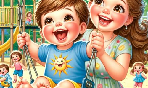 Un bambino di 2 anni, di nome Tommy, con capelli castani e occhi scintillanti di gioia, sta giocando su un'altalena. Indossa una maglietta blu con motivi di soli e un pantaloncino giallo, e ride a crepapelle, con le braccia alzate, esprimendo una felicità contagiosa. Accanto a lui, sua madre, una donna di circa trent'anni con capelli lunghi e castani, sorride mentre lo spinge dolcemente. Indossa un vestito leggero e colorato, e si tiene in piedi, con le mani sui bordi dell'altalena, guardando il figlio con tenerezza. Lo scenario è un centro ricreativo all'aperto, con alberi verdi, fiori colorati e altri bambini che giocano intorno. Si possono vedere giochi come scivoli e strutture per arrampicarsi sullo sfondo, creando un'atmosfera gioiosa e vivace. La situazione principale mostra Tommy che si diverte sull'altalena, ridendo di gioia, mentre sua madre lo spinge, circondato da altri bambini che giocano in questo contesto estivo soleggiato.