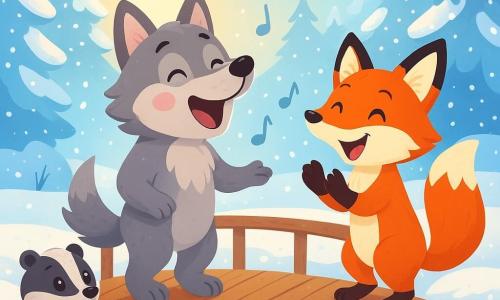Un piccolo lupo di nome Leo, con un morbido pelo grigio e occhi brillanti di curiosità, canta allegramente su un ponte di legno sopra un ruscello ghiacciato. Sorride luminosamente, con le guance arrossate dal freddo. Accanto a lui, una volpe dai peli rossi e occhi maliziosi lo incoraggia battendo le zampe nella neve, mostrando un'espressione di eccitazione. Un piccolo tasso, con pelo bianco e nero, li osserva con ammirazione, gli occhi rotondi pieni di meraviglia. Il paesaggio invernale è incantevole, con alberi coperti di neve scintillante e fiocchi che cadono dolcemente da un cielo blu chiaro. La scena mostra Leo e i suoi amici che cantano insieme, uniti dalla magia dell'inverno, mentre la luce dorata del sole al tramonto illumina il paesaggio, creando un'atmosfera calda e gioiosa.
