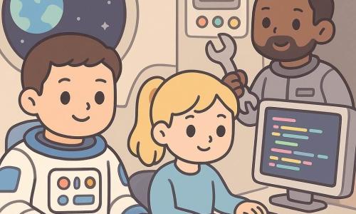 Un astronauta sorridente ma concentrato, viso rotondo, capelli castani corti, occhi vivaci, in tuta spaziale bianca e blu con dettagli colorati, tocca delicatamente un pannello di pulsanti luminosi; a destra, Sara, ~30 anni, capelli biondi raccolti in coda, siede davanti a uno schermo con codice colorato; Marco, ~32 anni, barba corta, espressione gioiosa, in tuta grigia con una chiave inglese, controlla un pannello motore sullo sfondo; cabina compatta con pareti crema e grigie, grandi schermi con icone semplici, LED multicolori, grande oblò che mostra la Terra e la Luna; scena di doppia verifica collaborativa, colori tenui e contrastati (bianco, azzurro, tocchi di giallo e rosa), stile grafico pulito, forme arrotondate, ombre leggere, texture piatte, atmosfera kawaii adatta ai bambini.