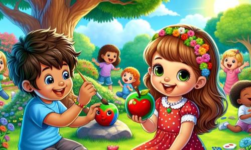Una niña de 4 años, llamada Lucía, con largos cabellos castaños y ojos brillantes de alegría, está sentada en la hierba verde, sonriendo. Lleva un vestido rojo con lunares blancos y sostiene una piedra pintada en forma de manzana en sus manos, mostrando su entusiasmo. A su lado, un niño de 5 años, llamado Juan, con el cabello rubio desordenado y una camiseta azul, está pintando una piedra azul con un pincel. También sonríe, compartiendo la alegría de Lucía. El escenario es un campamento de verano soleado, rodeado de árboles majestuosos y flores coloridas, con un gran árbol sombrío en el centro y niños sentados alrededor, todos cautivados por la actividad de pintura. Lucía y Juan crean obras de arte con piedras, rodeados de otros niños que ríen y se divierten, mientras una suave brisa hace bailar las hojas de los árboles sobre ellos.