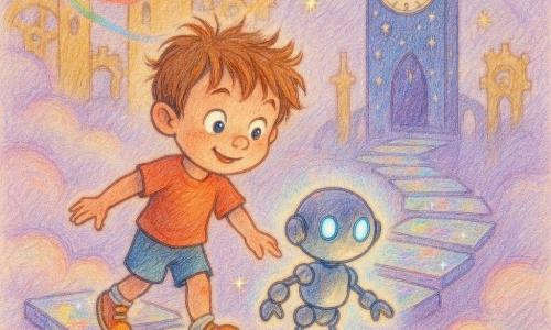 A small, energetic 6-year-old boy with big curious eyes, messy light brown hair and a concentrated, amazed smile walks on a floating crystal bridge, gently stepping on a glowing slab, while a small polished toy robot named Pip with blue LED eyes and round joints rolls at his right and slightly ahead emitting a soft halo of light; the bridge of translucent crystal slabs hangs above pastel clouds with golden gear-shaped towers connected by colorful electric ribbons, bathed in soft violet and silver light with rainbow reflections and tiny sparkles like fallen stars, as the boy and Pip cross toward a distant star-clock tower, evoking adventure, wonder and discovery.