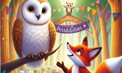 Oliver the Owl, with silky feathers and lantern-bright eyes, proudly perches on a tree branch, sporting a determined and joyful expression. He looks down, observing other animals with an encouraging smile, ready to inspire change. Beside him, Lily the Fox, with her bright orange fur and mischievous eyes, stands on her hind legs, gesturing enthusiastically. She radiates confidence and energy, ready to speak to the crowd. The setting is the Forest School, a magical place where tall trees with golden leaves create a natural canopy. Colorful banners flutter in the wind, and animals of all kinds gather in a festive atmosphere filled with laughter and joy. The main scene shows Oliver and Lily announcing the start of 