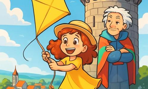 A 10-year-old girl, Ruby, with curly red hair, wears a straw hat and red sneakers. She has an excited smile on her face, her eyes sparkling with curiosity, as she holds a bright yellow kite in her hands. Next to her, the Kite Master, an elderly figure with tousled silver hair and a colorful cape, watches Ruby with a kind expression, arms crossed, ready to encourage her. The setting is the top of Belvedere, an ancient stone tower surrounded by wildflowers, offering a panoramic view of a picturesque village with red rooftops and lush trees. The sky is blue with a few floating white clouds, and a shimmering rainbow appears after recent rain. The main scene shows Ruby running with the kite, ready to launch it into the sky, while the gentle wind makes her dress and the flowers around her sway.