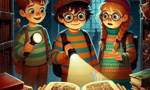 Dziesięcioletni chłopiec z rozczochranymi brązowymi włosami i w paskowanym t-shircie z ciekawością przygląda się starej bibliotece, jego oczy błyszczą z ekscytacji. Obok niego stoi dziewięcioletni chłopiec w okrągłych okularach i odwróconej czapce, trzymający latarkę, z wyrazem zmartwienia na twarzy. W końcu, dziesięcioletnia dziewczynka z długimi warkoczami blond włosów i kolorowym swetrem podchodzi do tajemniczej, starej książki, jej wzrok przyciągają ilustracje, które zdają się tańczyć na stronach. Scena rozgrywa się w ciemnej, zakurzonej bibliotece, gdzie drewniane regały są załadowane książkami z wytartymi okładkami. Pajęczyny zwisają w rogach, a przytłumione światło wpada przez brudne okno, rzucając niepokojące cienie na skrzypiącą drewnianą podłogę. Troje przyjaciół odkrywa starą, tajemniczą książkę, która zdaje się ich przyciągać, podczas gdy dziwne cienie zaczynają tańczyć wokół nich, tworząc atmosferę zarówno magiczną, jak i przerażającą.