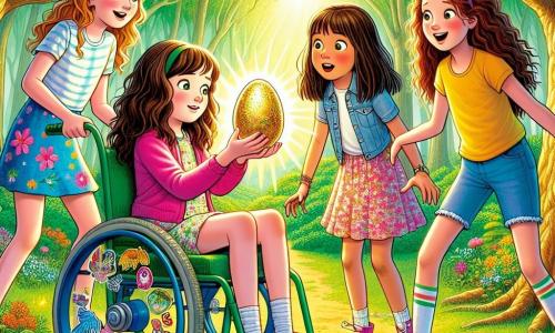 Four girls, aged 10 to 12, stand in a sunny clearing in the heart of a lush forest. Emily, a brunette with long curly hair, sits in a blue wheelchair decorated with colorful stickers, holding a mysterious shining egg in her hands. Next to her, Lucy, a girl with straight blonde hair, wears a pink dress and gazes at the egg in awe, her eyes wide. Mia, a girl with brown curly hair, jumps for joy in a yellow t-shirt and denim shorts, while Sophie, a girl with braided red hair, leans down to touch a stone engraved with an animal, wearing a floral skirt. The clearing is surrounded by majestic trees, their green leaves filtering sunlight and creating patterns of light and shadow on the ground. Colorful wildflowers dot the ground, adding a touch of magic to the setting. The girls discover a sparkling golden egg at the center of the clearing, a symbol of their Easter adventure, and prepare to solve the mystery that awaits them.