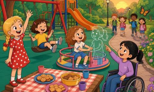 There are four girls: Lily, about 8, blond braids in a red polka-dot dress, standing on a small bench at left with arms raised and a big smile; Mia, about 7, short brown hair in a yellow T-shirt, sitting on a swing center-left with legs up, laughing; Emily, about 8, curly light-brown hair in a blue skirt, on the merry-go-round center holding an imaginary friend's hand and looking up playfully; Sophia, about 9, fair skin and tied black hair in a wheelchair at right near a flowered path, gently pointing at a butterfly and smiling. Setting: a colorful playground at dusk with green rubber ground, an orange elevated slide, red swings, a pastel-striped merry-go-round, a paved path lined with purple and yellow flowers, a large wooden picnic table with a checkered cloth, round-leaved trees and a pink-orange sky. Main scene: the four girls gathered around the picnic table sharing biscuits and laughing as a small group of children approaches on the path — warm, inclusive scene with bold lines, bright colors and clear, child-friendly composition.