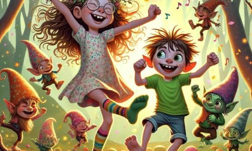 In the center of the image, a 12-year-old girl named Poppy Fluffernutter, with long curly hair and round glasses, joyfully smiles while dancing with colorful goblins. She wears a floral dress and mismatched socks, her face radiating excitement and happiness. To her left, Oliver, a 12-year-old boy with messy hair and sparkling eyes, tries to keep up with the dance, laughing heartily. He wears a bright green t-shirt and denim shorts, his arms raised in a comical pose. In the background, a group of goblins with hats made of leaves and flowers are having fun, jumping and laughing, creating a festive and joyful atmosphere. The setting is an enchanted clearing surrounded by twisted trees with shimmering leaves, and singing flowers adding color and magic to the scene. Flower petals fly in the air, illuminated by the golden light of the setting sun. The main focus shows Poppy and Oliver dancing with the goblins, surrounded by laughter and joy, capturing the spirit of a whimsical and humorous adventure.