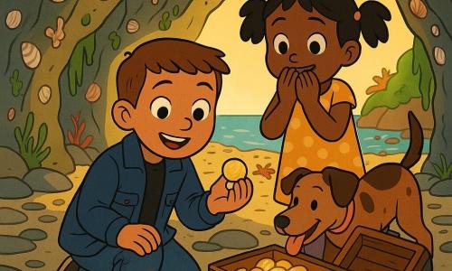 A 10-year-old boy with a proud, amazed expression, short brown hair and a navy jacket is crouched before a small open wooden chest, holding a gold coin in his palm; behind him stands 7-year-old Mira, smiling with black pigtails and a yellow polka-dot dress, hands to her mouth, looking at the chest; nearby the medium brown-speckled dog Buttons pants and wags its tail while sniffing the chest; they are in a low coastal cave with walls covered in shells and green seaweed, flat gray-ochre stones, golden light filtering through a crescent entrance to a pebble beach with a few starfish and red seaweed on the ground; the chest contains shiny coins, a morning-colored scarf and folded letters tied with string, creating a warm sense of discovery with light glinting on metal and detailed textures of wood, shells and paper.