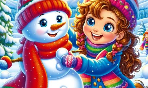 A 7-year-old girl named Molly, with curly brown hair and sparkling eyes, is building a large snowman in a winter landscape. She wears a bright red scarf, colorful wool gloves, and a blue coat, her face glowing with joy and excitement. Next to her is her best friend Emma, also 7, with braided blonde hair and a beaming smile, helping to stack snowballs, her cheeks rosy from the cold. The setting is a vast field covered in a thick layer of shimmering snow, with majestic trees laden with snow and a clear blue sky dotted with fluffy white clouds. In the distance, gentle hills create a peaceful and magical atmosphere. Molly and Emma are actively laughing and having fun as they add accessories to their snowman, like a carrot for the nose and branches for arms, capturing the joyful spirit of winter.